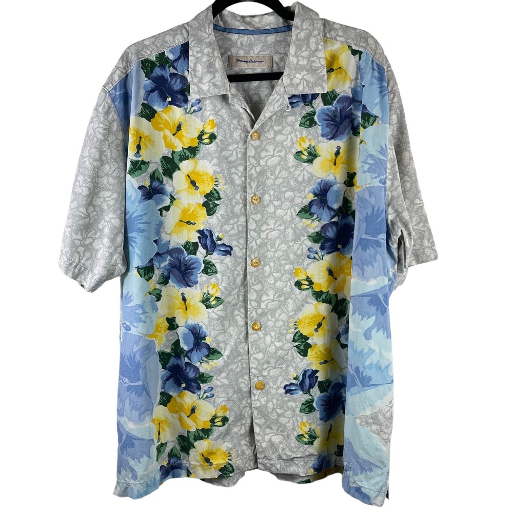Tommy Bahama Shirt Adult XL Blue Yellow Floral‎ 100% Silk Soft Casual Mens